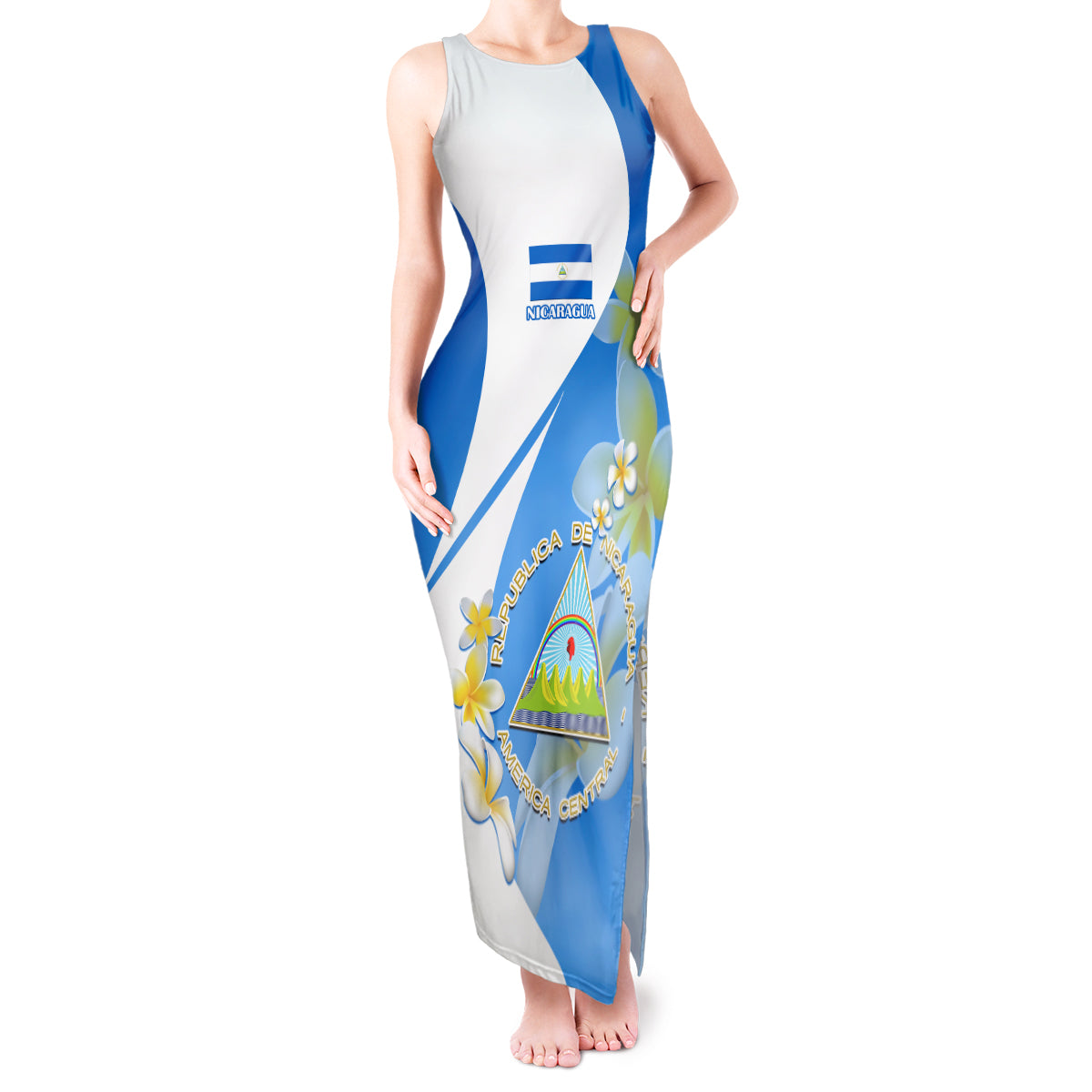 Custom Nicaragua Independence Day Tank Maxi Dress Nicaraguan Coat of Arms With Sacuanjoche Flowers - Wonder Print Shop