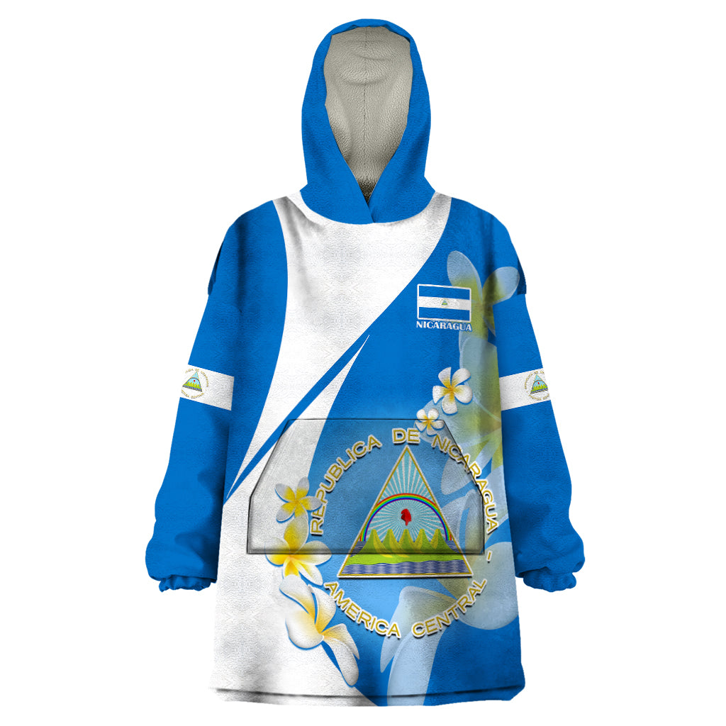 Custom Nicaragua Independence Day Wearable Blanket Hoodie Nicaraguan Coat of Arms With Sacuanjoche Flowers - Wonder Print Shop