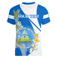 Custom Nicaragua Independence Day Women V Neck T Shirt Nicaraguan Coat of Arms With Sacuanjoche Flowers - Wonder Print Shop