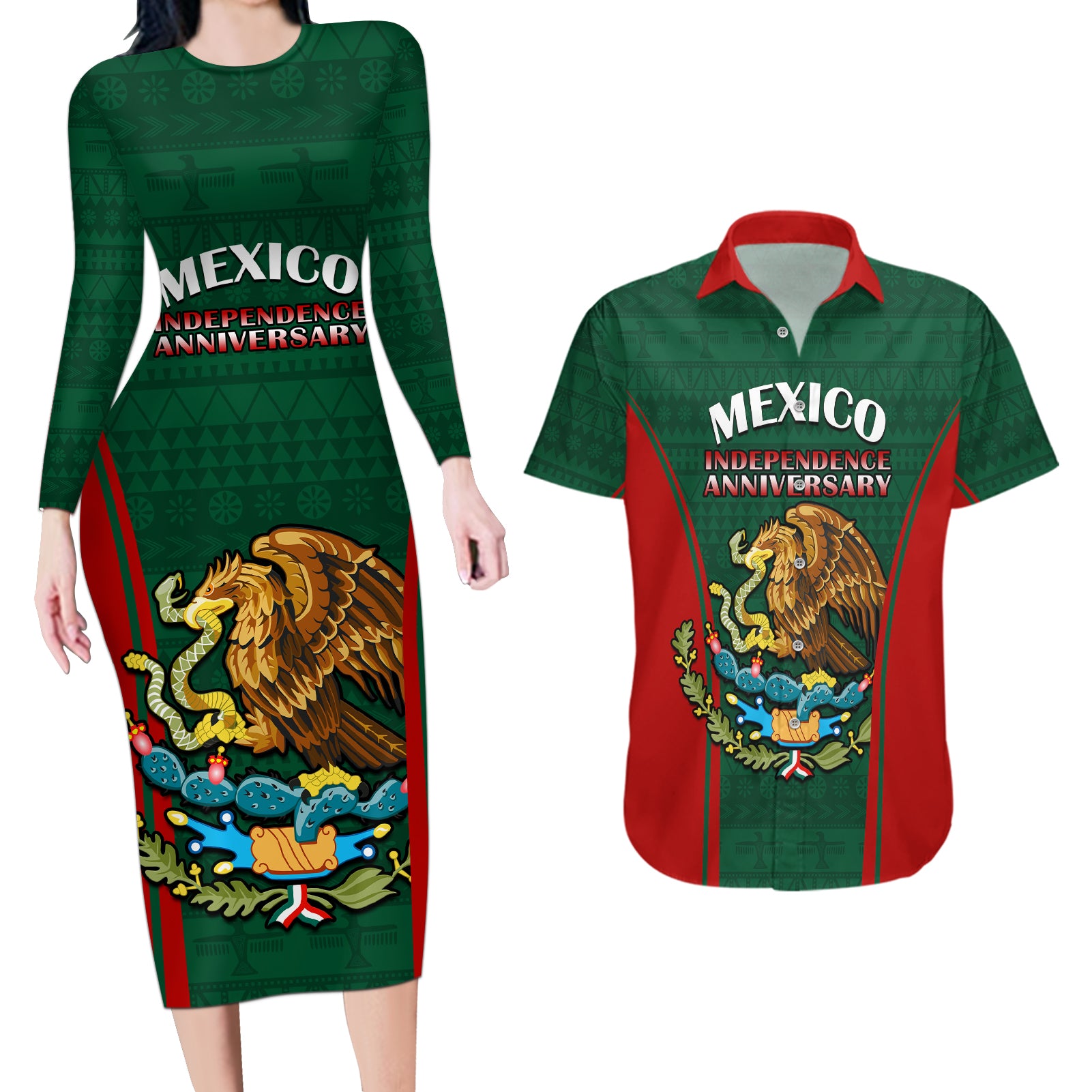 Custom Mexico Independence Day Couples Matching Long Sleeve Bodycon Dress and Hawaiian Shirt Happy 213th Anniversary Mexican Proud - Wonder Print Shop