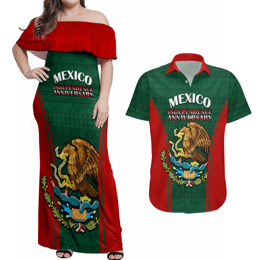 Custom Mexico Independence Day Couples Matching Off Shoulder Maxi Dress and Hawaiian Shirt Happy 213th Anniversary Mexican Proud - Wonder Print Shop