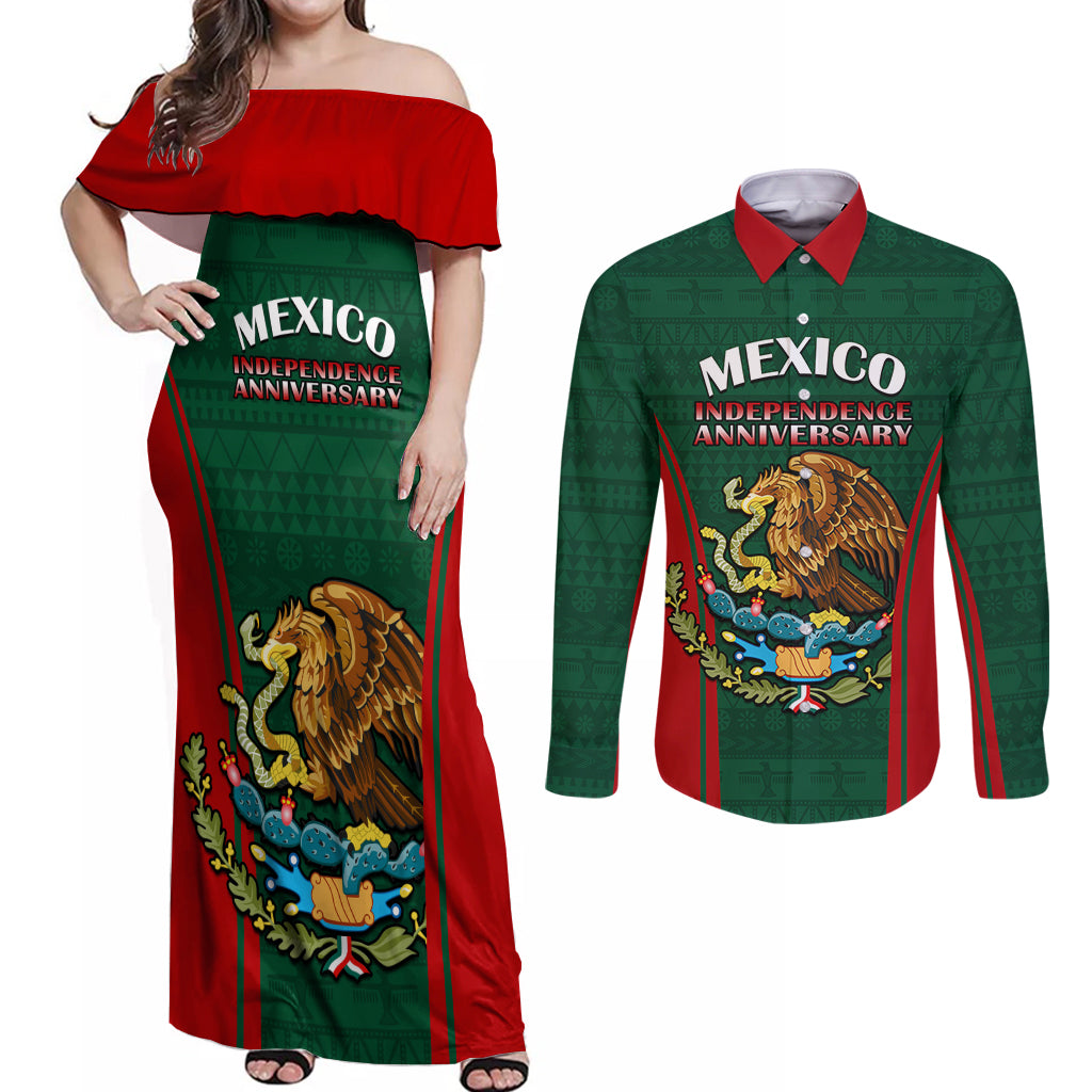 Custom Mexico Independence Day Couples Matching Off Shoulder Maxi Dress and Long Sleeve Button Shirts Happy 213th Anniversary Mexican Proud - Wonder Print Shop