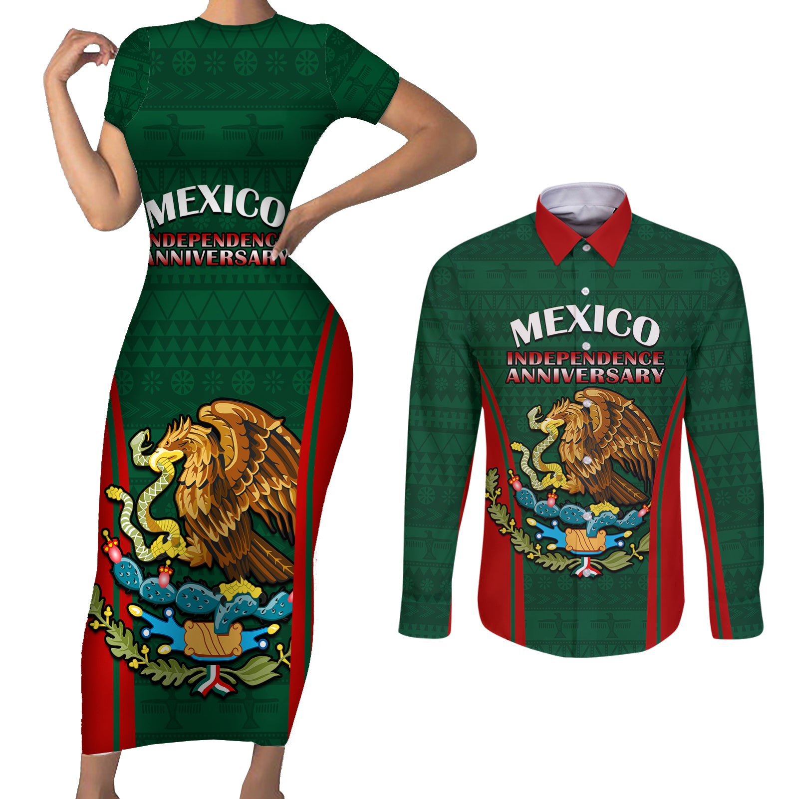 Custom Mexico Independence Day Couples Matching Short Sleeve Bodycon Dress and Long Sleeve Button Shirts Happy 213th Anniversary Mexican Proud - Wonder Print Shop