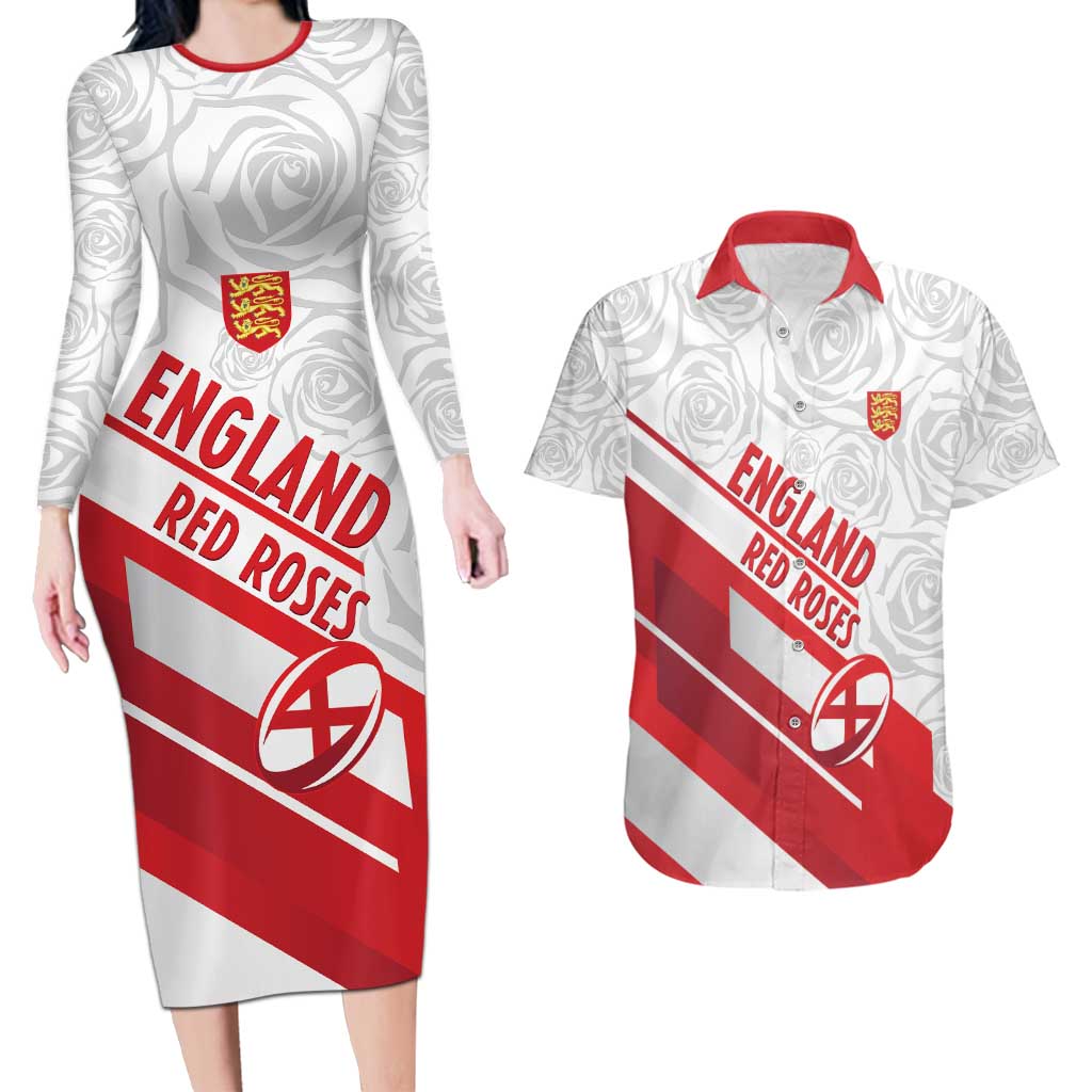 England Rugby Custom Couples Matching Long Sleeve Bodycon Dress and Hawaiian Shirt 2025 Come On Red Roses - Wonder Print Shop
