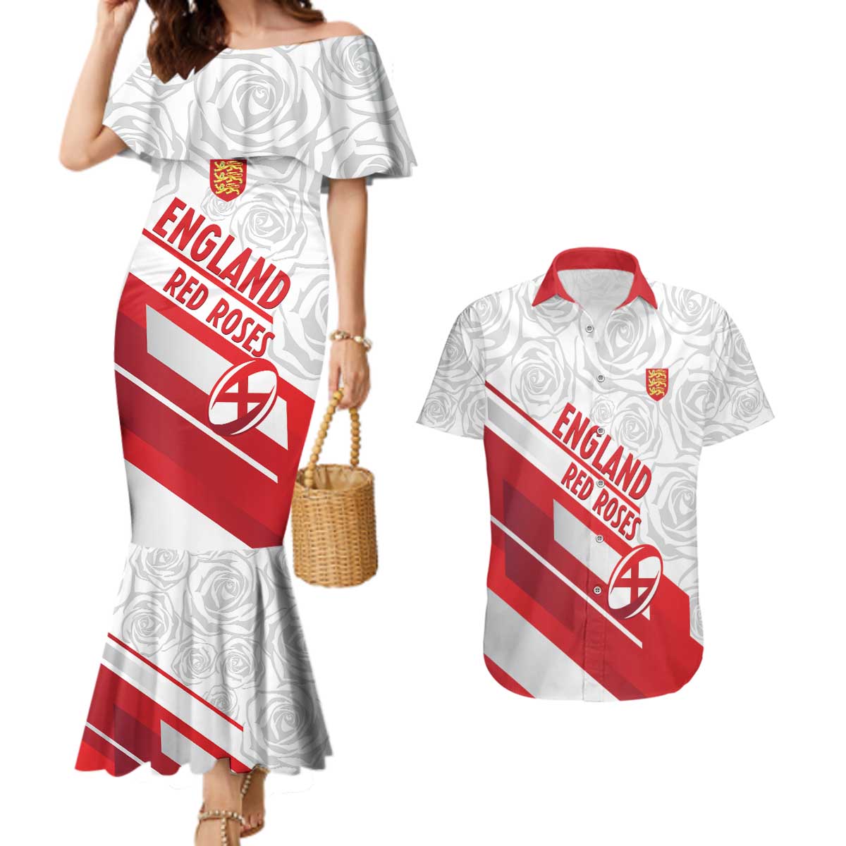 England Rugby Custom Couples Matching Mermaid Dress and Hawaiian Shirt 2025 Come On Red Roses - Wonder Print Shop