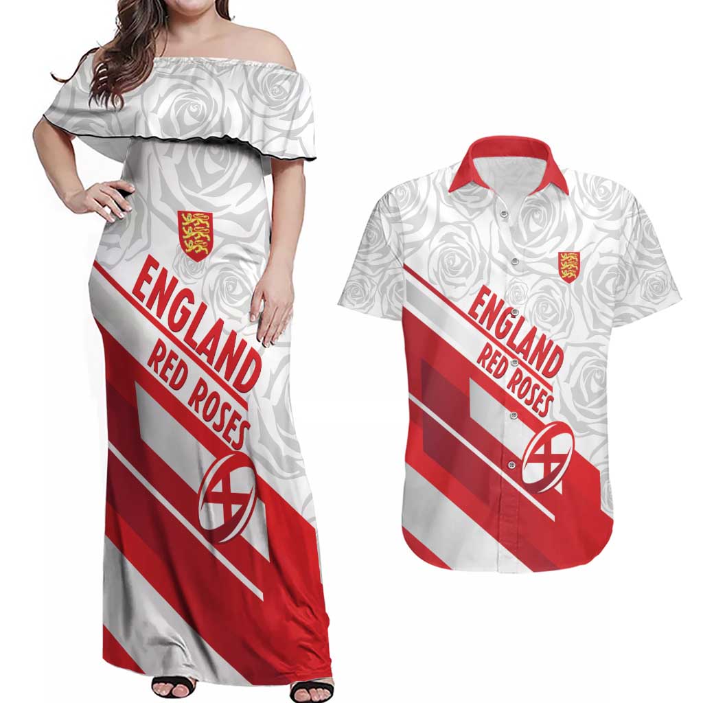 England Rugby Custom Couples Matching Off Shoulder Maxi Dress and Hawaiian Shirt 2025 Come On Red Roses - Wonder Print Shop