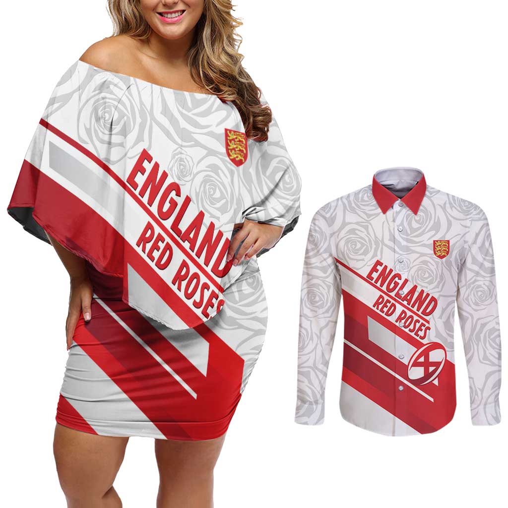 England Rugby Custom Couples Matching Off Shoulder Short Dress and Long Sleeve Button Shirt 2025 Come On Red Roses - Wonder Print Shop