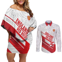 England Rugby Custom Couples Matching Off Shoulder Short Dress and Long Sleeve Button Shirt 2025 Come On Red Roses - Wonder Print Shop