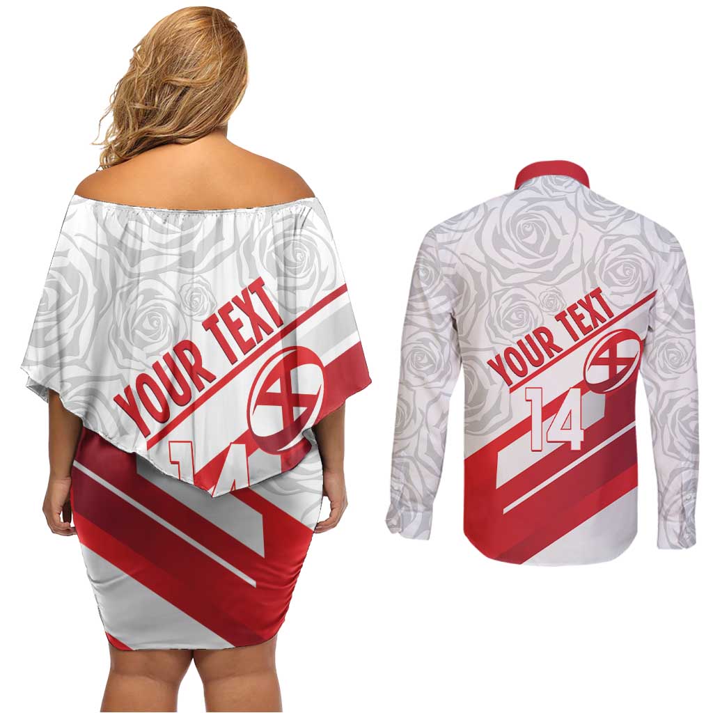England Rugby Custom Couples Matching Off Shoulder Short Dress and Long Sleeve Button Shirt 2025 Come On Red Roses - Wonder Print Shop