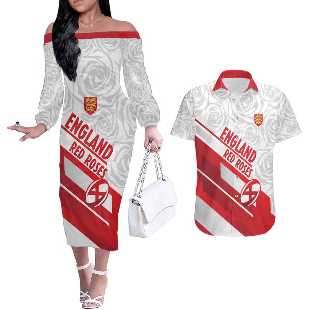 England Rugby Custom Couples Matching Off The Shoulder Long Sleeve Dress and Hawaiian Shirt 2025 Come On Red Roses - Wonder Print Shop