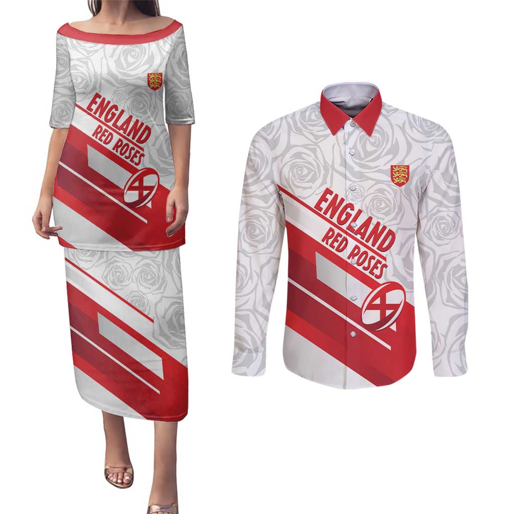 England Rugby Custom Couples Matching Puletasi and Long Sleeve Button Shirt 2025 Come On Red Roses - Wonder Print Shop