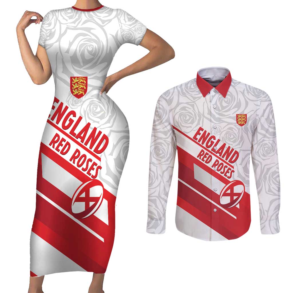 England Rugby Custom Couples Matching Short Sleeve Bodycon Dress and Long Sleeve Button Shirt 2025 Come On Red Roses - Wonder Print Shop