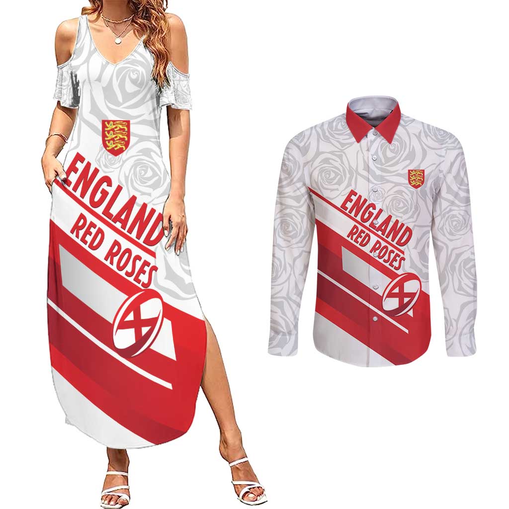 England Rugby Custom Couples Matching Summer Maxi Dress and Long Sleeve Button Shirt 2025 Come On Red Roses - Wonder Print Shop