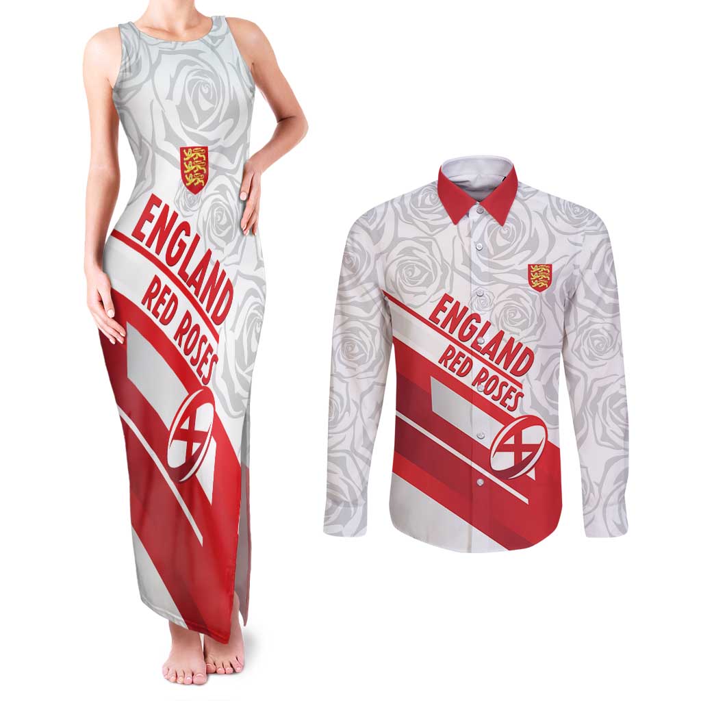 England Rugby Custom Couples Matching Tank Maxi Dress and Long Sleeve Button Shirt 2025 Come On Red Roses - Wonder Print Shop