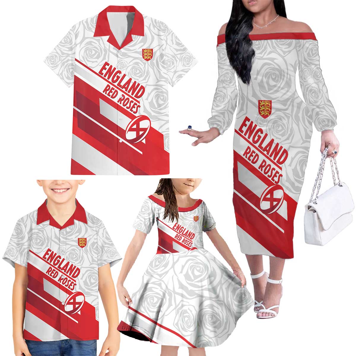 England Rugby Custom Family Matching Off The Shoulder Long Sleeve Dress and Hawaiian Shirt 2025 Come On Red Roses - Wonder Print Shop