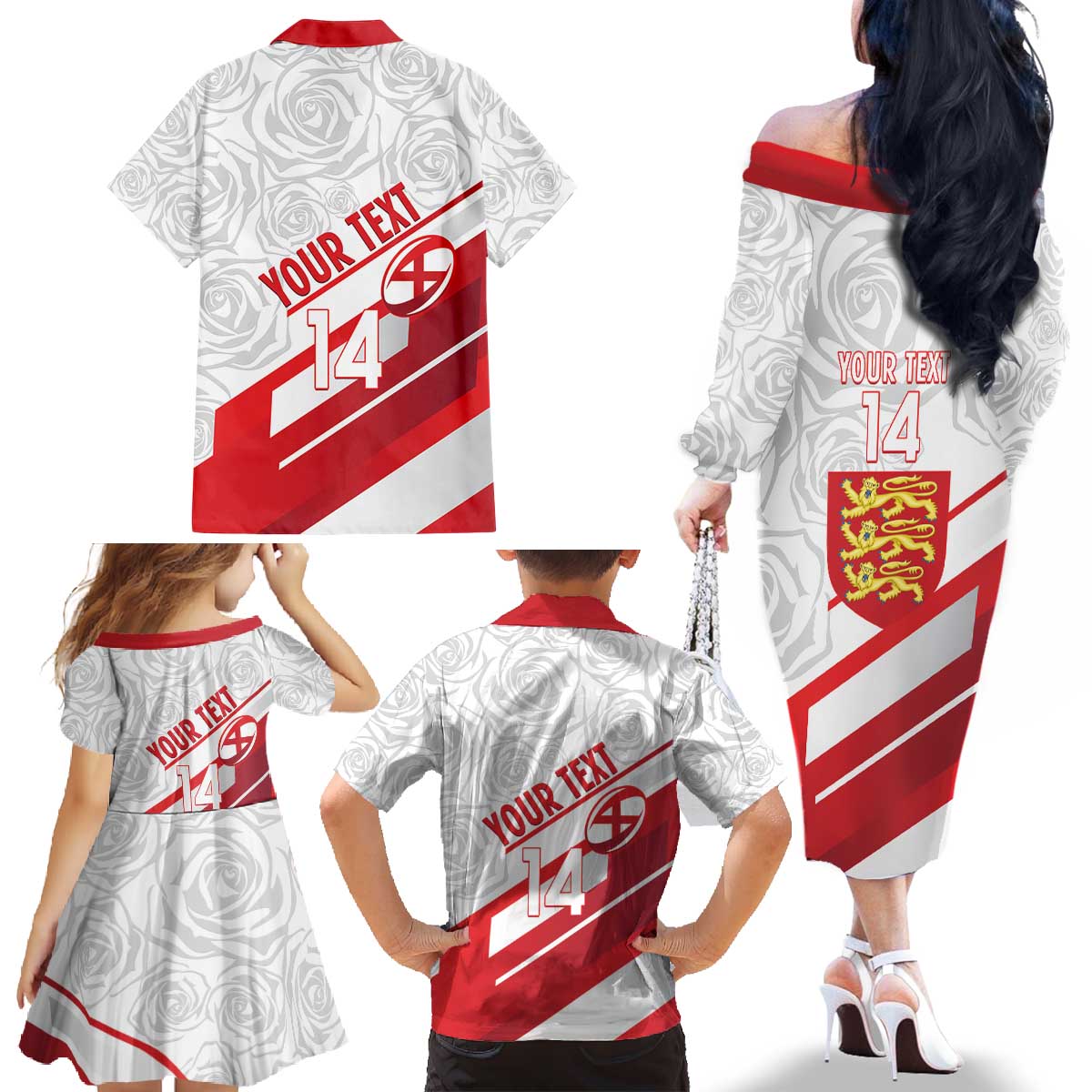 England Rugby Custom Family Matching Off The Shoulder Long Sleeve Dress and Hawaiian Shirt 2025 Come On Red Roses - Wonder Print Shop