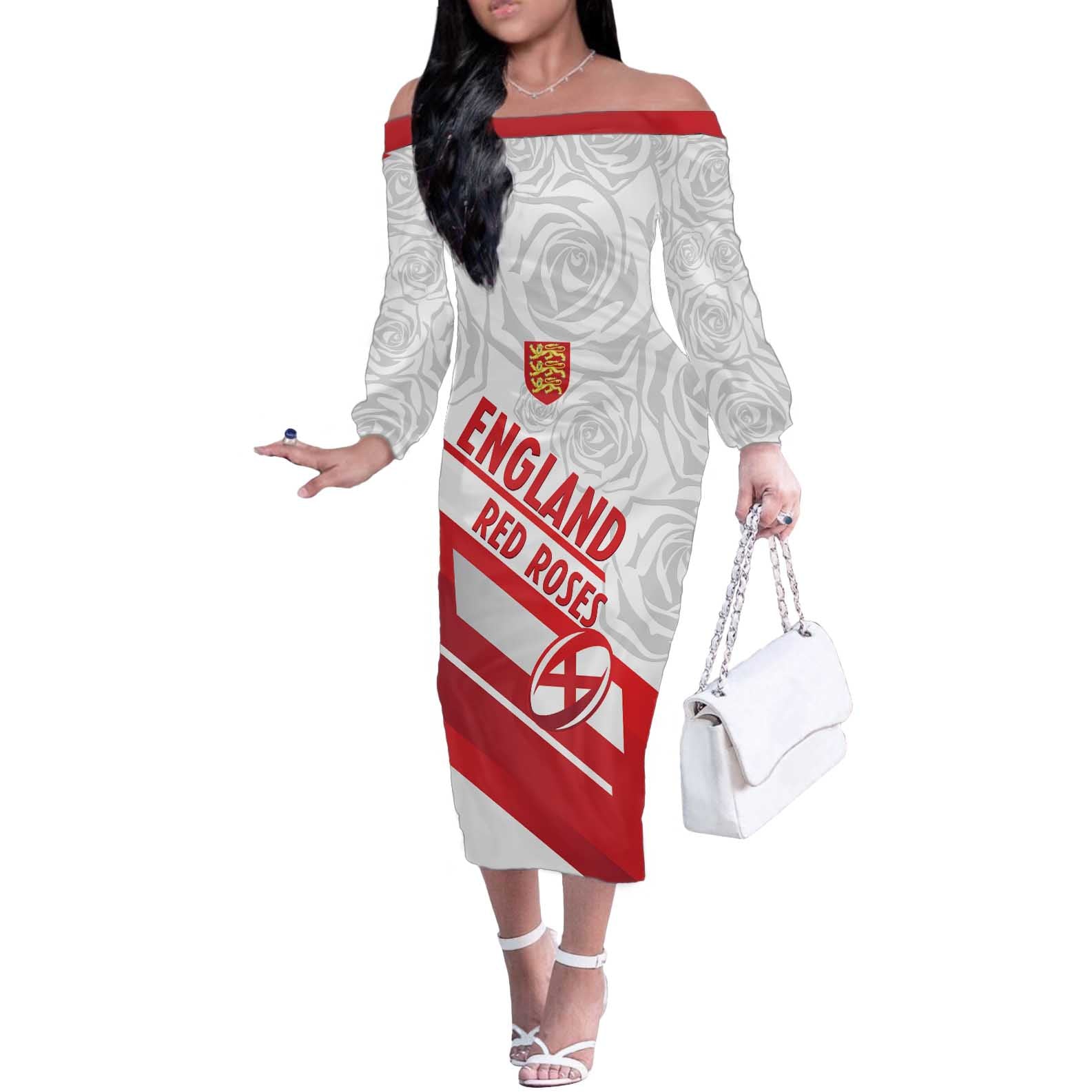 England Rugby Custom Off The Shoulder Long Sleeve Dress 2025 Come On Red Roses - Wonder Print Shop