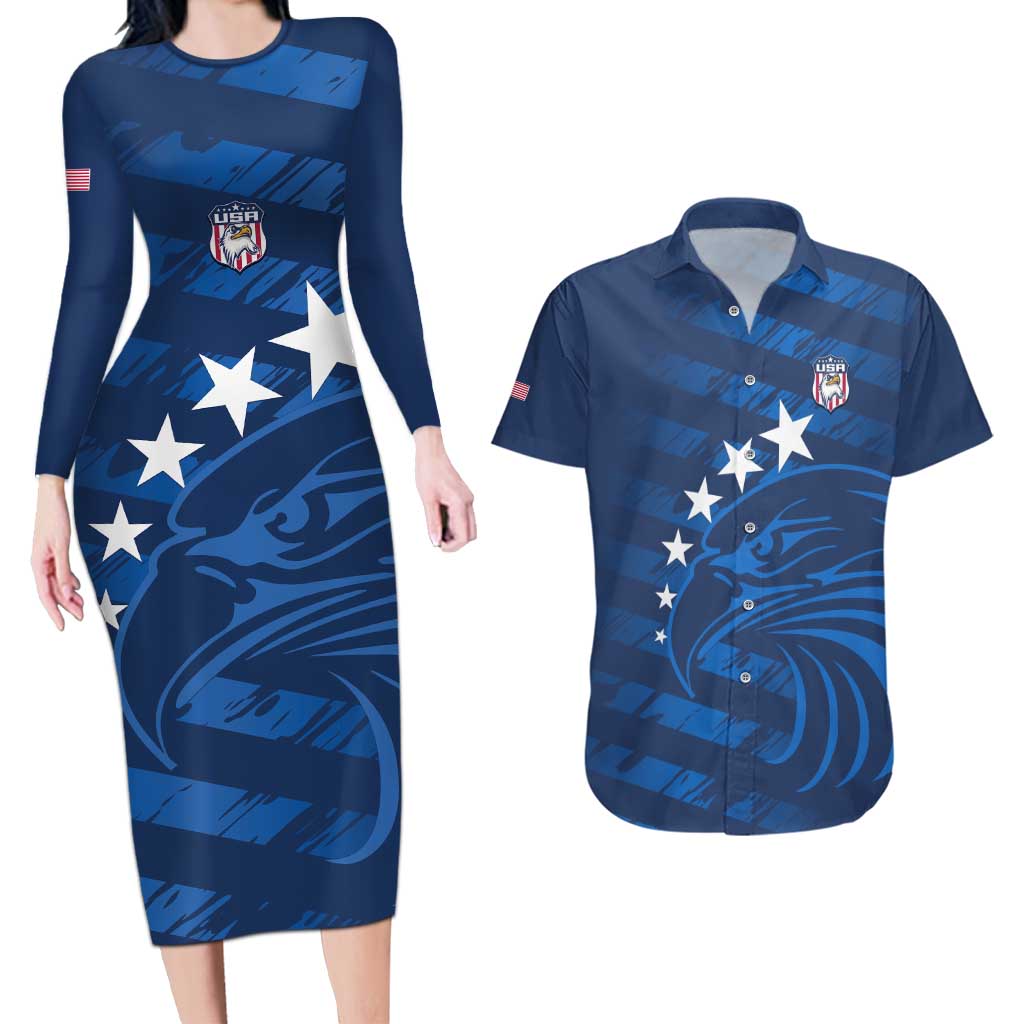 United States Rugby Custom Couples Matching Long Sleeve Bodycon Dress and Hawaiian Shirt USA Eagle Go Champions - Wonder Print Shop