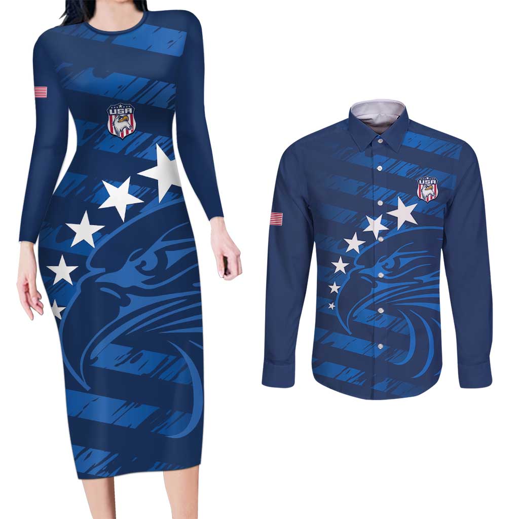 United States Rugby Custom Couples Matching Long Sleeve Bodycon Dress and Long Sleeve Button Shirt USA Eagle Go Champions - Wonder Print Shop