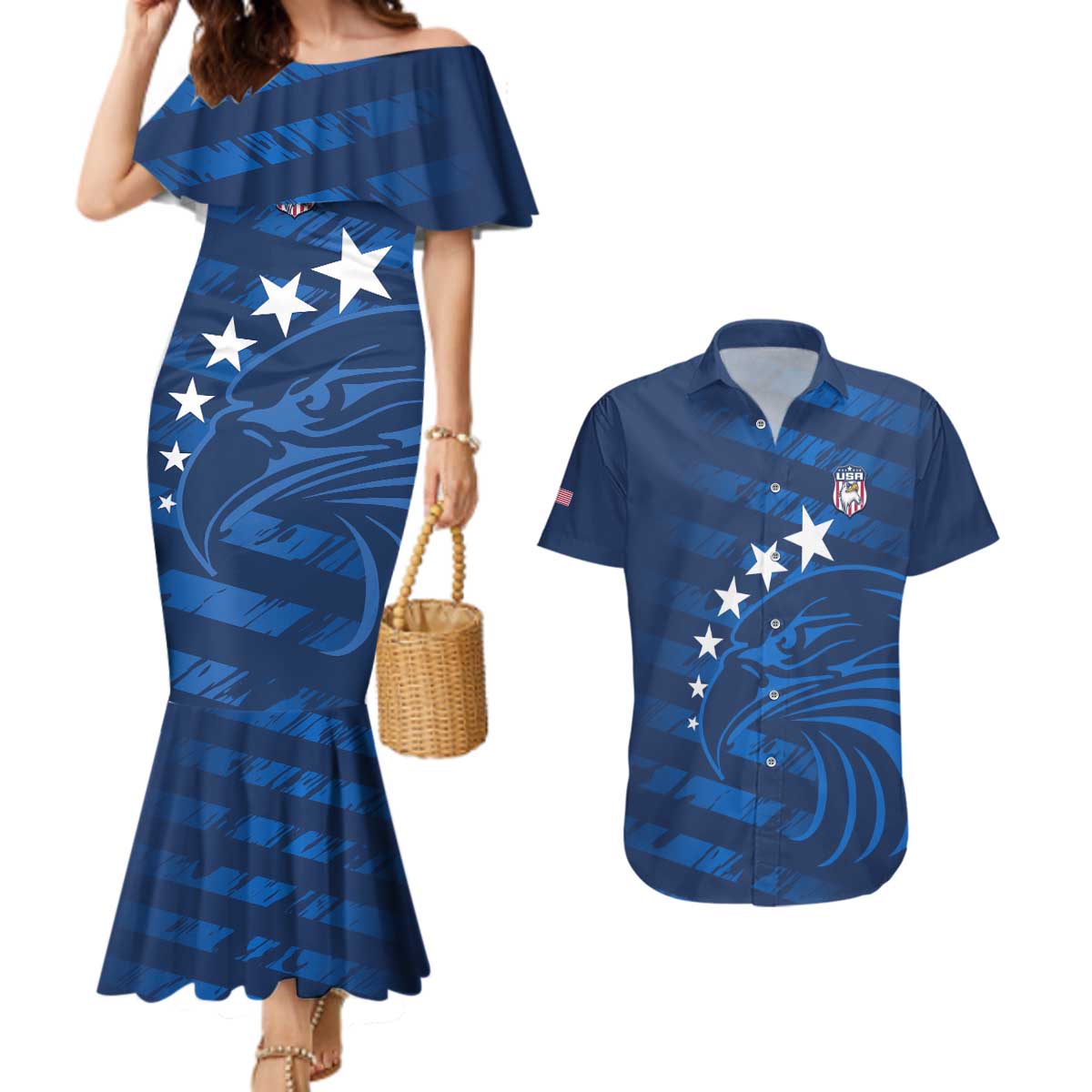 United States Rugby Custom Couples Matching Mermaid Dress and Hawaiian Shirt USA Eagle Go Champions - Wonder Print Shop