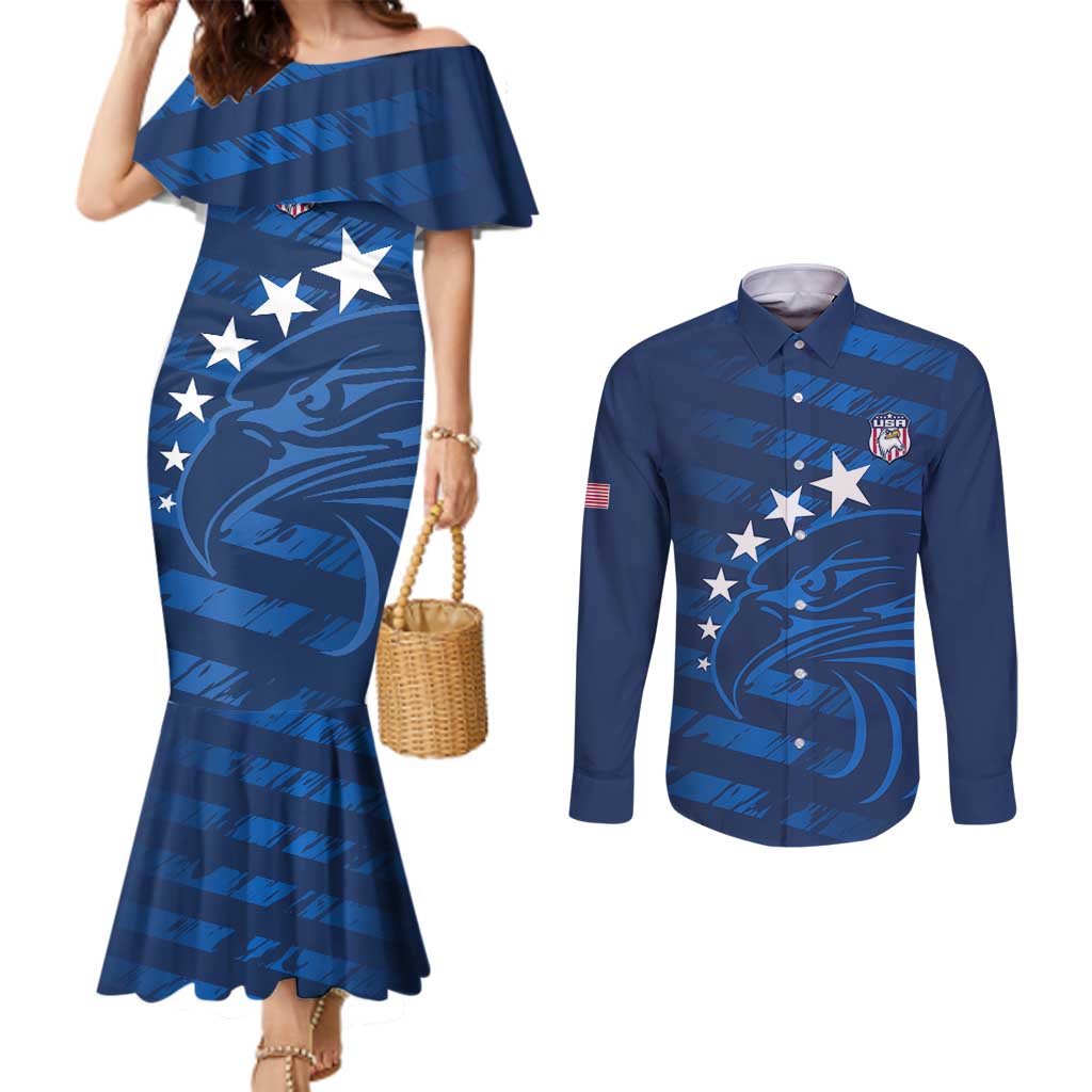 United States Rugby Custom Couples Matching Mermaid Dress and Long Sleeve Button Shirt USA Eagle Go Champions - Wonder Print Shop