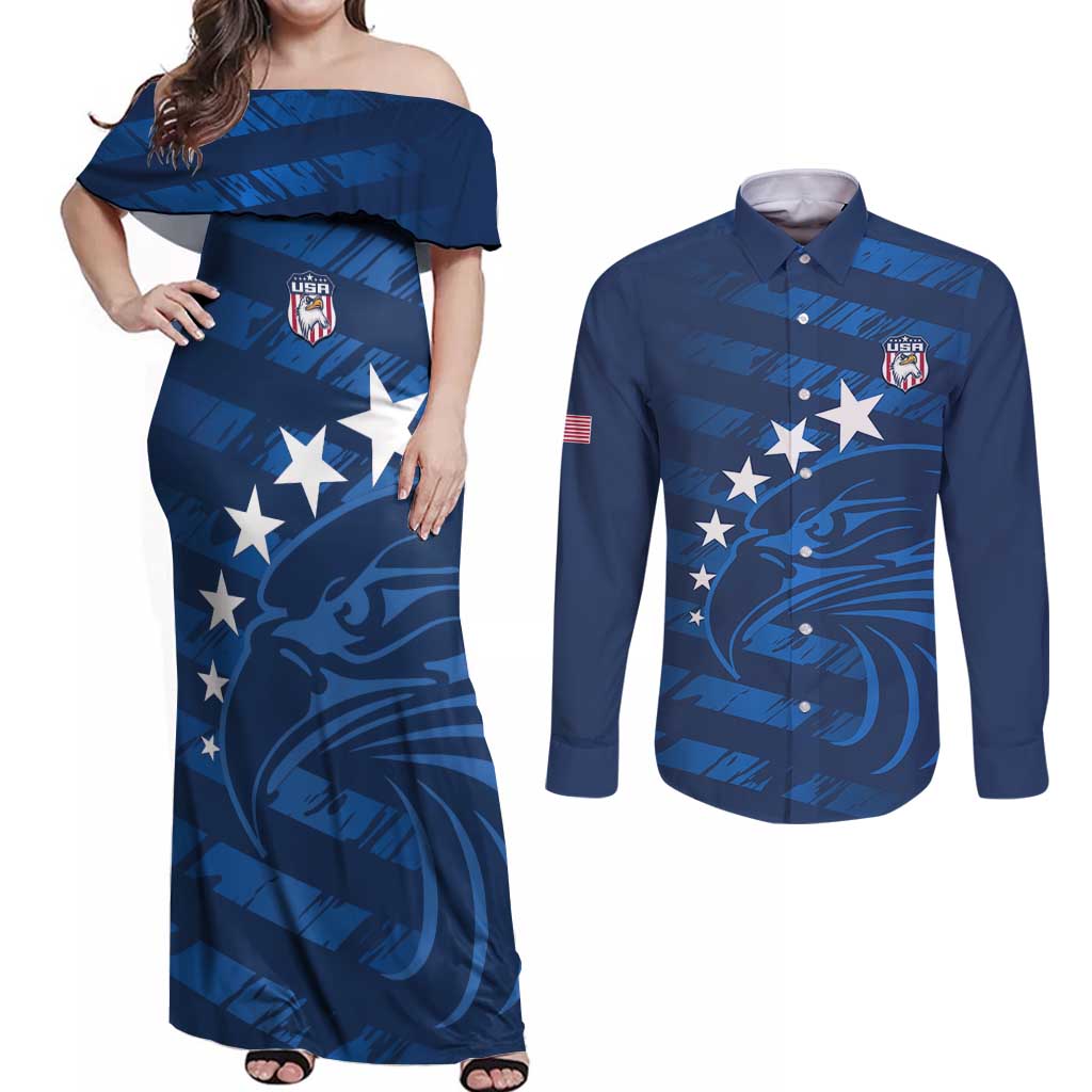United States Rugby Custom Couples Matching Off Shoulder Maxi Dress and Long Sleeve Button Shirt USA Eagle Go Champions - Wonder Print Shop