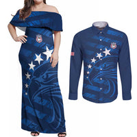 United States Rugby Custom Couples Matching Off Shoulder Maxi Dress and Long Sleeve Button Shirt USA Eagle Go Champions - Wonder Print Shop