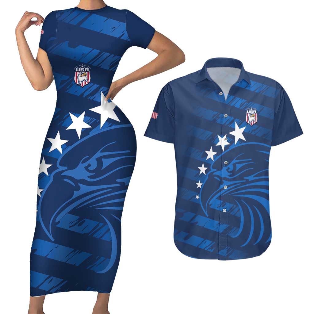 United States Rugby Custom Couples Matching Short Sleeve Bodycon Dress and Hawaiian Shirt USA Eagle Go Champions - Wonder Print Shop