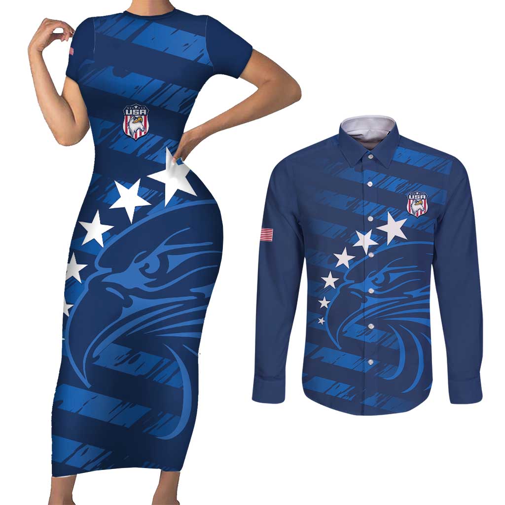 United States Rugby Custom Couples Matching Short Sleeve Bodycon Dress and Long Sleeve Button Shirt USA Eagle Go Champions - Wonder Print Shop