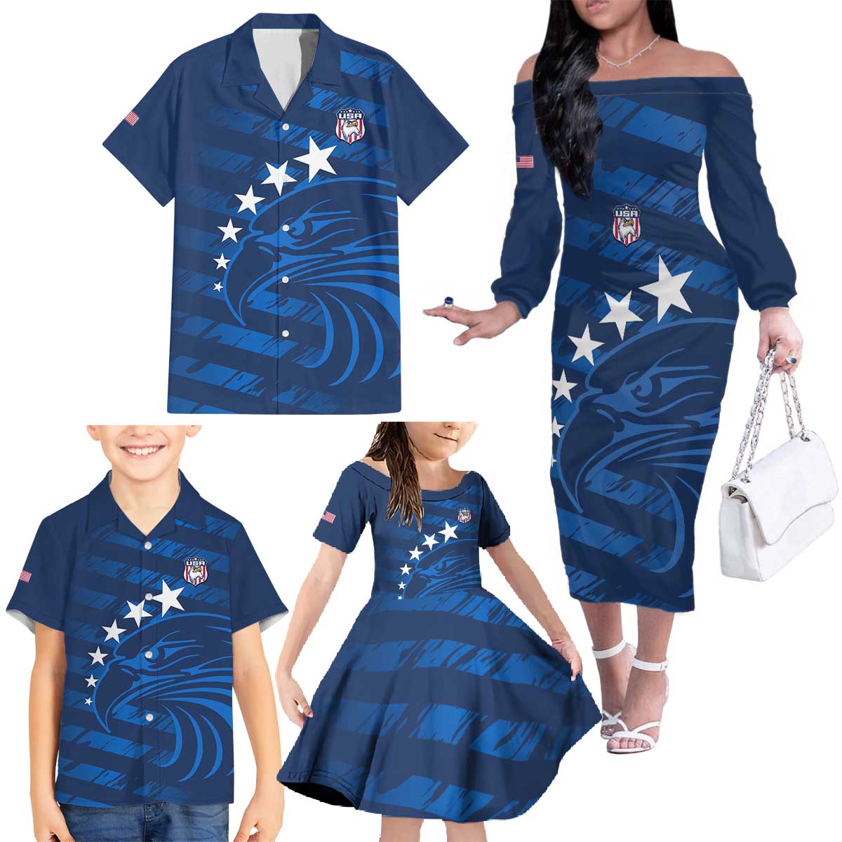 United States Rugby Custom Family Matching Off The Shoulder Long Sleeve Dress and Hawaiian Shirt USA Eagle Go Champions - Wonder Print Shop