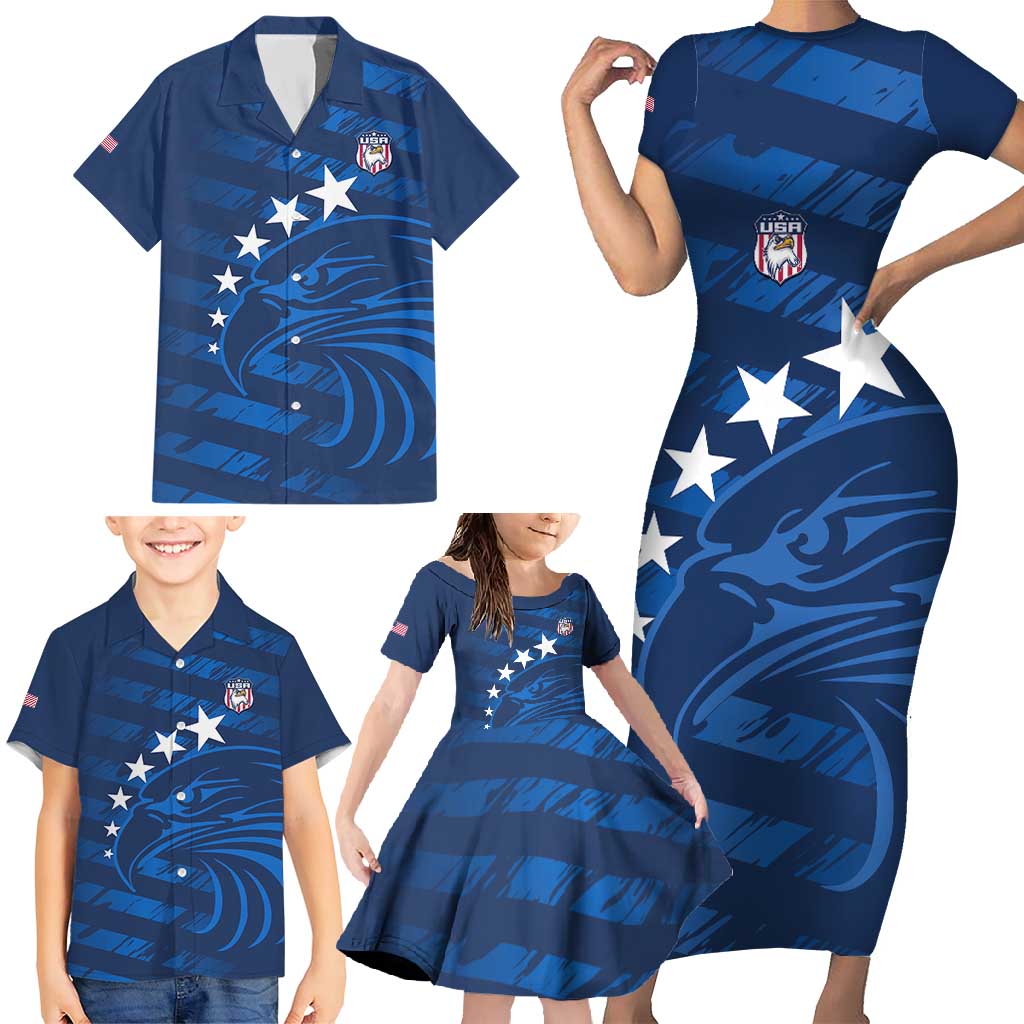 United States Rugby Custom Family Matching Short Sleeve Bodycon Dress and Hawaiian Shirt USA Eagle Go Champions - Wonder Print Shop