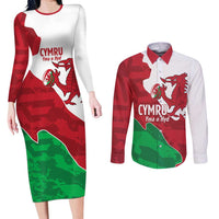 Wales Rugby Custom Couples Matching Long Sleeve Bodycon Dress and Long Sleeve Button Shirt Go Cymru Yma O Hyd - Wonder Print Shop