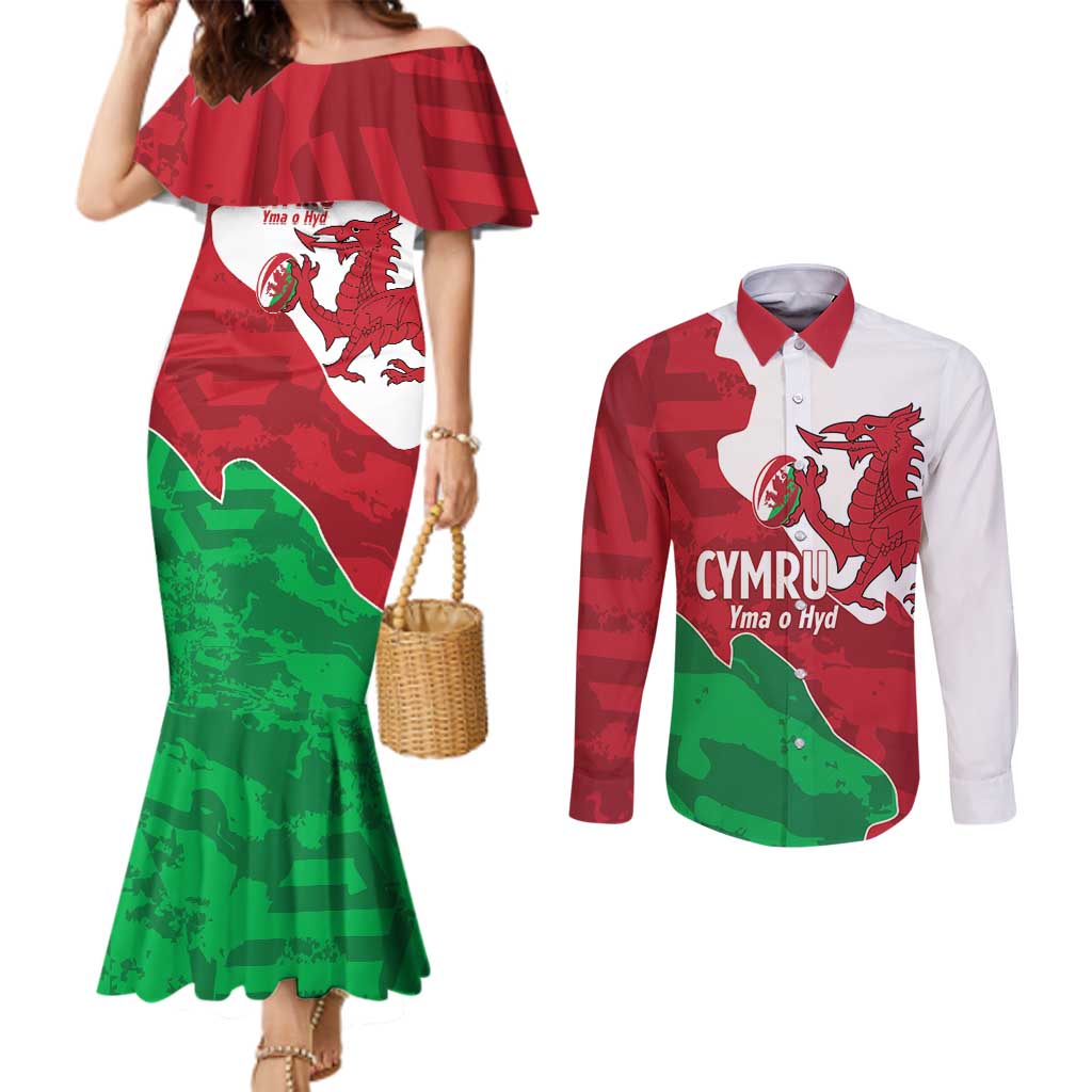 Wales Rugby Custom Couples Matching Mermaid Dress and Long Sleeve Button Shirt Go Cymru Yma O Hyd - Wonder Print Shop