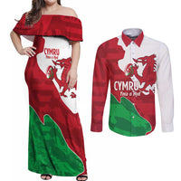 Wales Rugby Custom Couples Matching Off Shoulder Maxi Dress and Long Sleeve Button Shirt Go Cymru Yma O Hyd - Wonder Print Shop