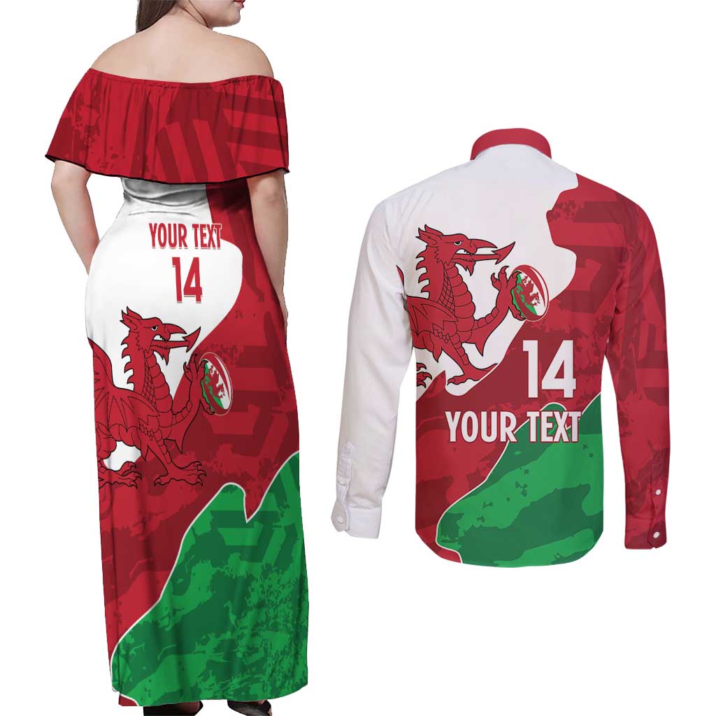 Wales Rugby Custom Couples Matching Off Shoulder Maxi Dress and Long Sleeve Button Shirt Go Cymru Yma O Hyd - Wonder Print Shop