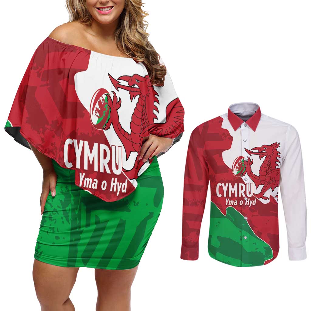 Wales Rugby Custom Couples Matching Off Shoulder Short Dress and Long Sleeve Button Shirt Go Cymru Yma O Hyd - Wonder Print Shop