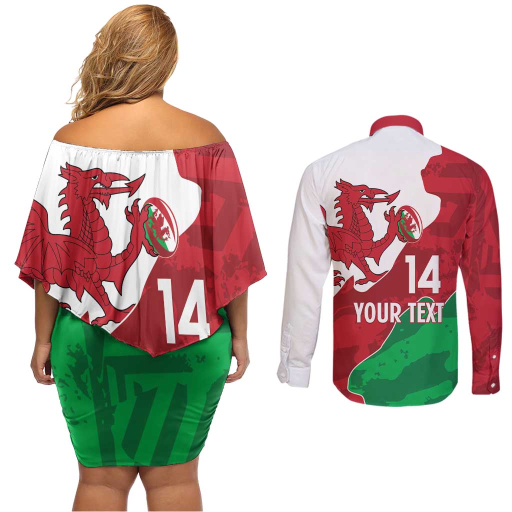 Wales Rugby Custom Couples Matching Off Shoulder Short Dress and Long Sleeve Button Shirt Go Cymru Yma O Hyd - Wonder Print Shop