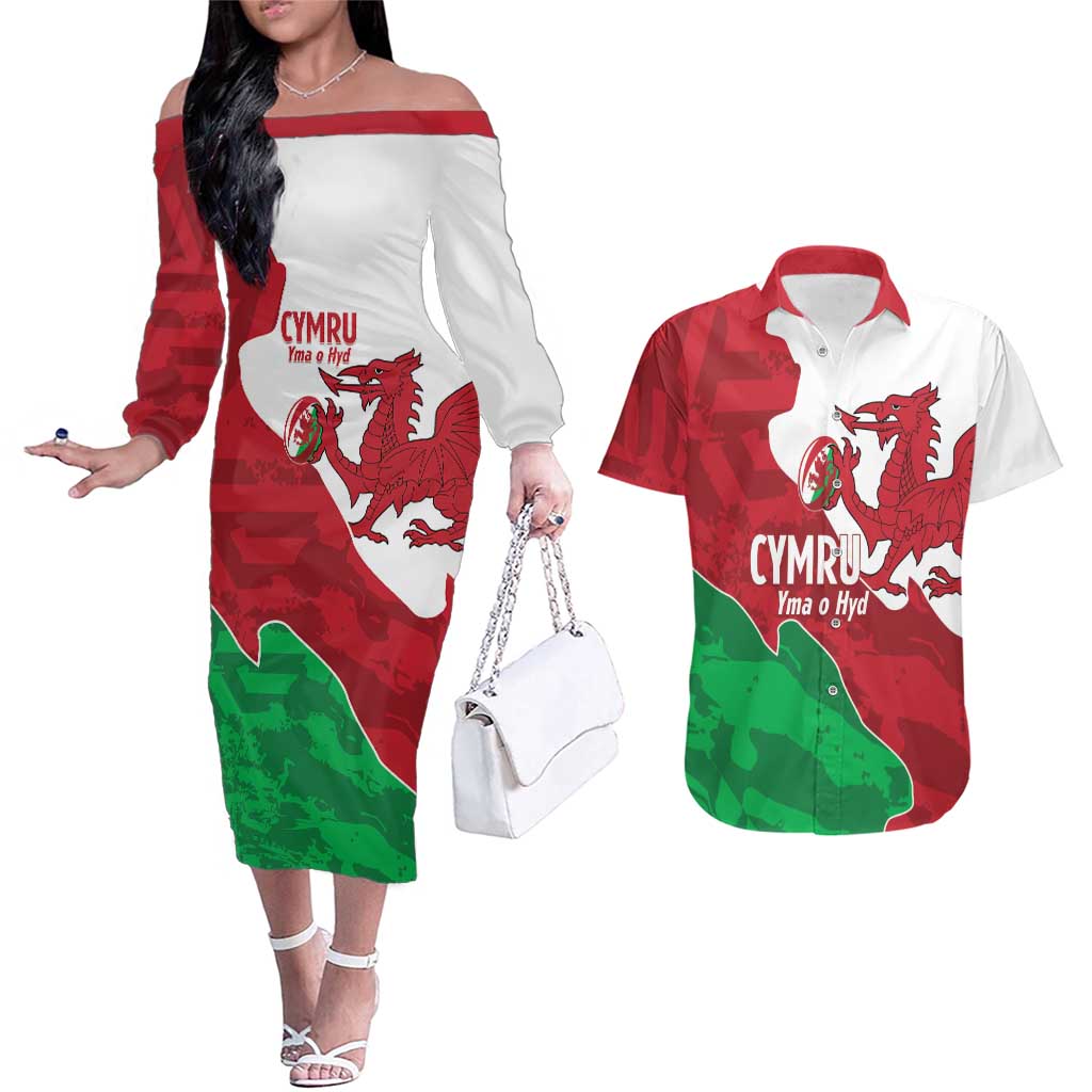 Wales Rugby Custom Couples Matching Off The Shoulder Long Sleeve Dress and Hawaiian Shirt Go Cymru Yma O Hyd - Wonder Print Shop