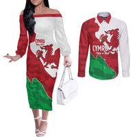 Wales Rugby Custom Couples Matching Off The Shoulder Long Sleeve Dress and Long Sleeve Button Shirt Go Cymru Yma O Hyd - Wonder Print Shop