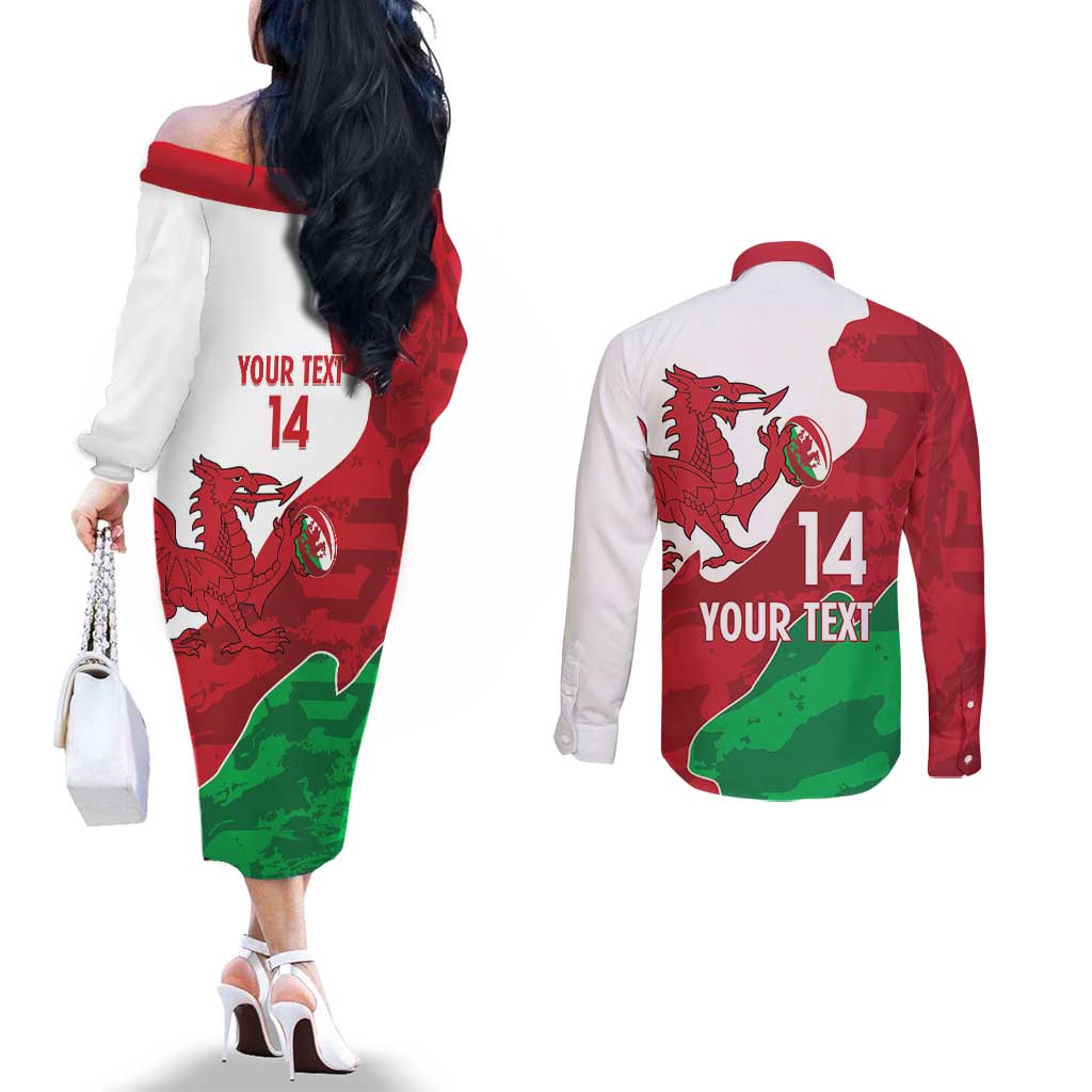 Wales Rugby Custom Couples Matching Off The Shoulder Long Sleeve Dress and Long Sleeve Button Shirt Go Cymru Yma O Hyd - Wonder Print Shop