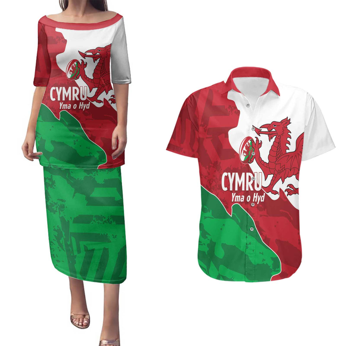Wales Rugby Custom Couples Matching Puletasi and Hawaiian Shirt Go Cymru Yma O Hyd - Wonder Print Shop