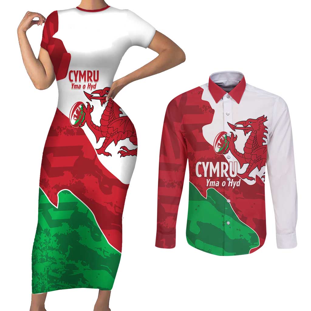 Wales Rugby Custom Couples Matching Short Sleeve Bodycon Dress and Long Sleeve Button Shirt Go Cymru Yma O Hyd - Wonder Print Shop