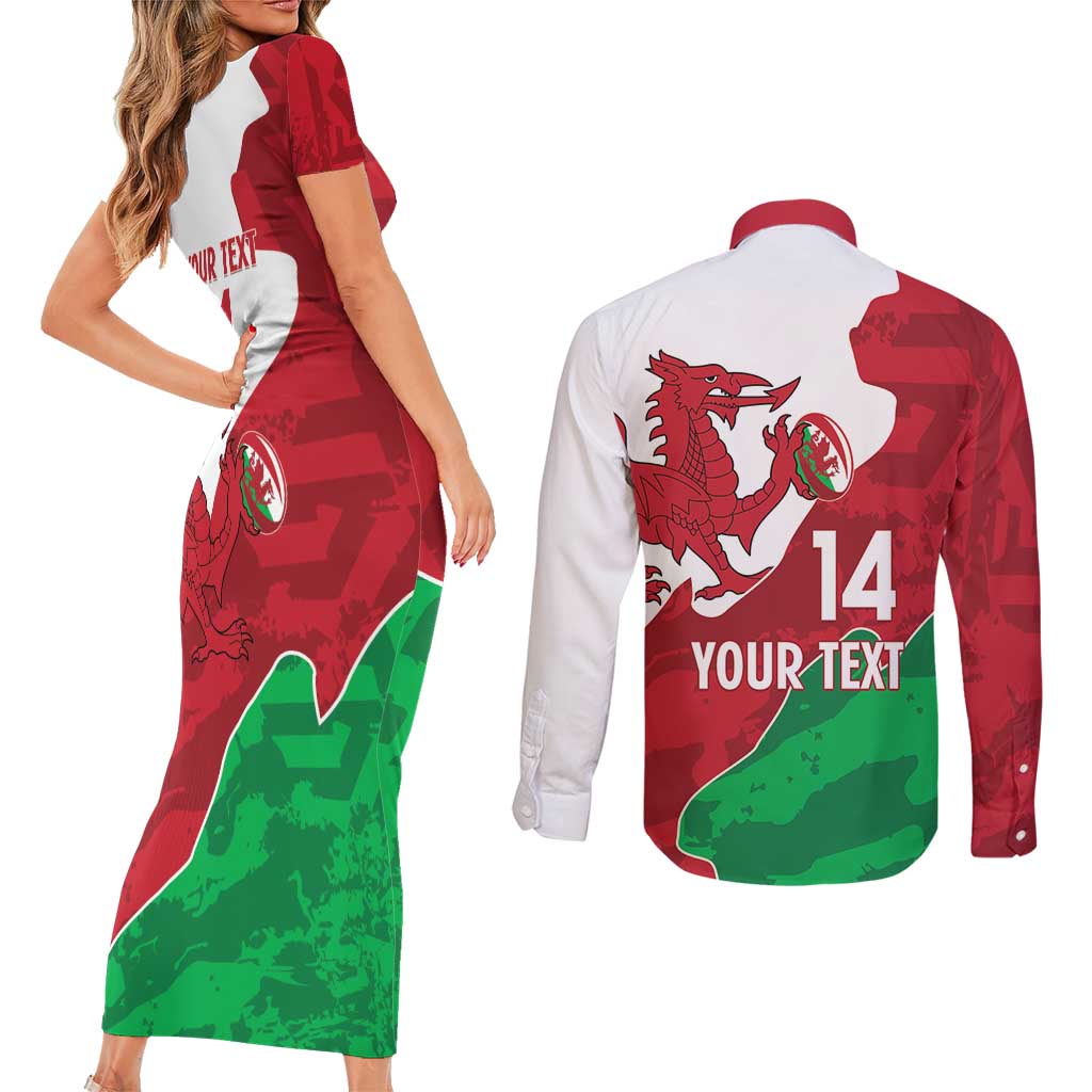 Wales Rugby Custom Couples Matching Short Sleeve Bodycon Dress and Long Sleeve Button Shirt Go Cymru Yma O Hyd - Wonder Print Shop