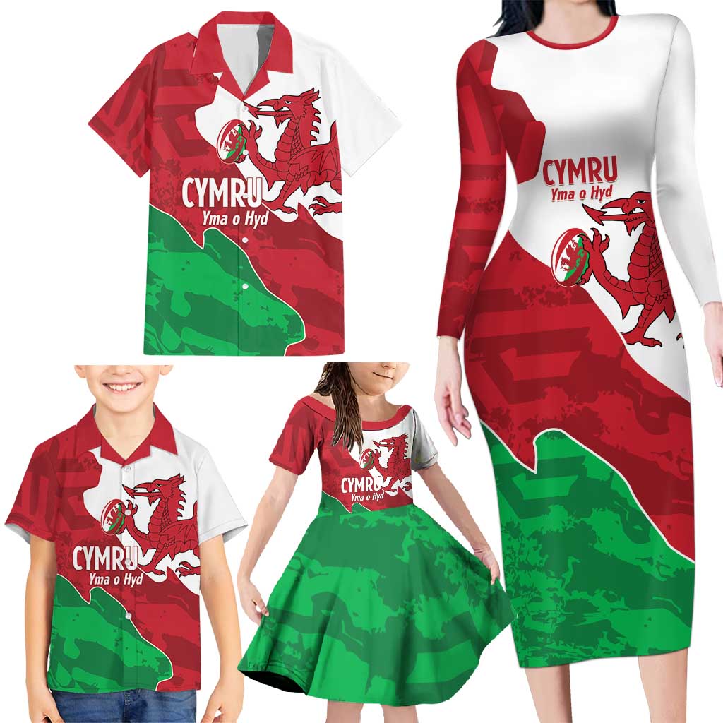 Wales Rugby Custom Family Matching Long Sleeve Bodycon Dress and Hawaiian Shirt Go Cymru Yma O Hyd - Wonder Print Shop