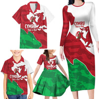 Wales Rugby Custom Family Matching Long Sleeve Bodycon Dress and Hawaiian Shirt Go Cymru Yma O Hyd - Wonder Print Shop