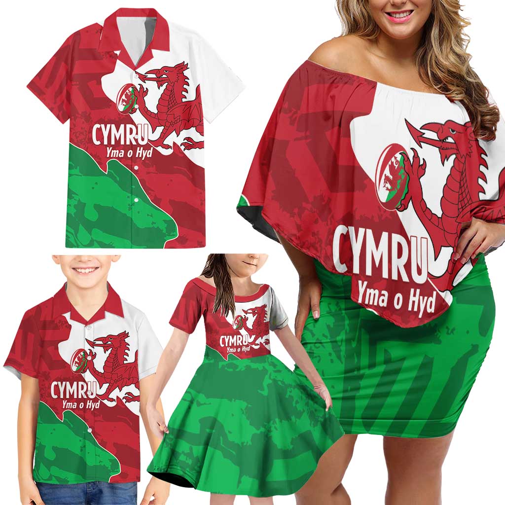 Wales Rugby Custom Family Matching Off Shoulder Short Dress and Hawaiian Shirt Go Cymru Yma O Hyd - Wonder Print Shop