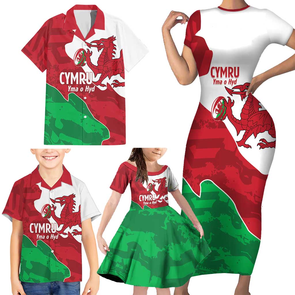 Wales Rugby Custom Family Matching Short Sleeve Bodycon Dress and Hawaiian Shirt Go Cymru Yma O Hyd - Wonder Print Shop