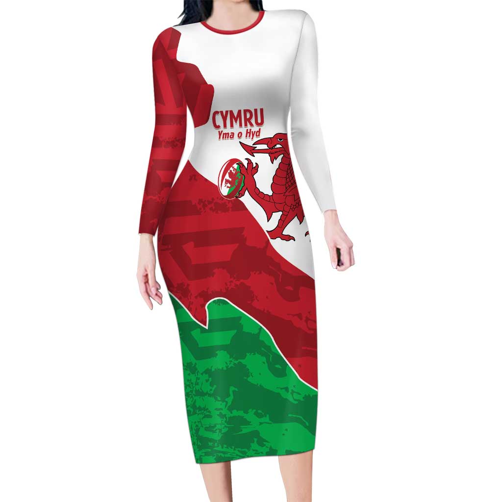 Wales Rugby Custom Long Sleeve Bodycon Dress Go Cymru Yma O Hyd - Wonder Print Shop