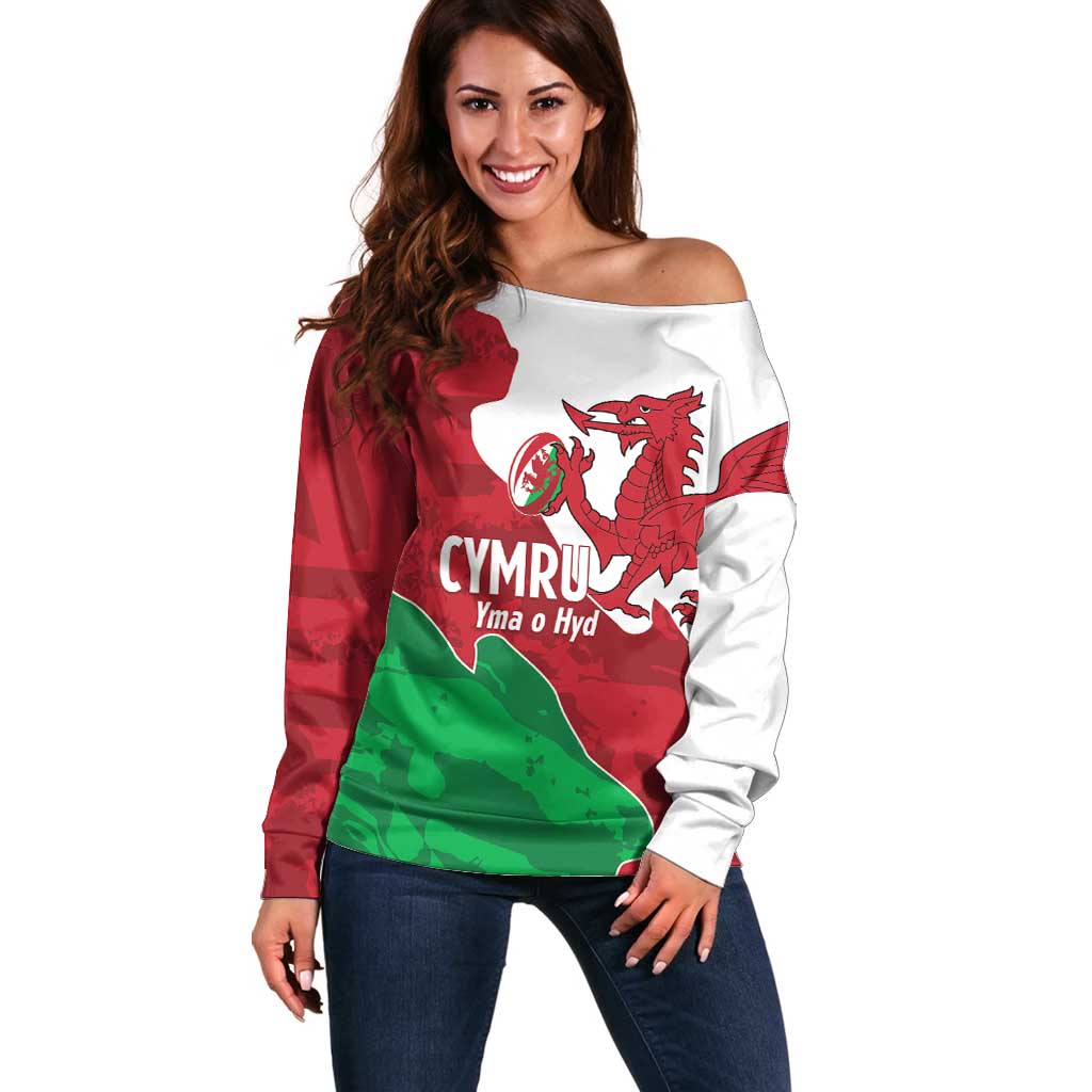 Wales Rugby Custom Off Shoulder Sweater Go Cymru Yma O Hyd - Wonder Print Shop