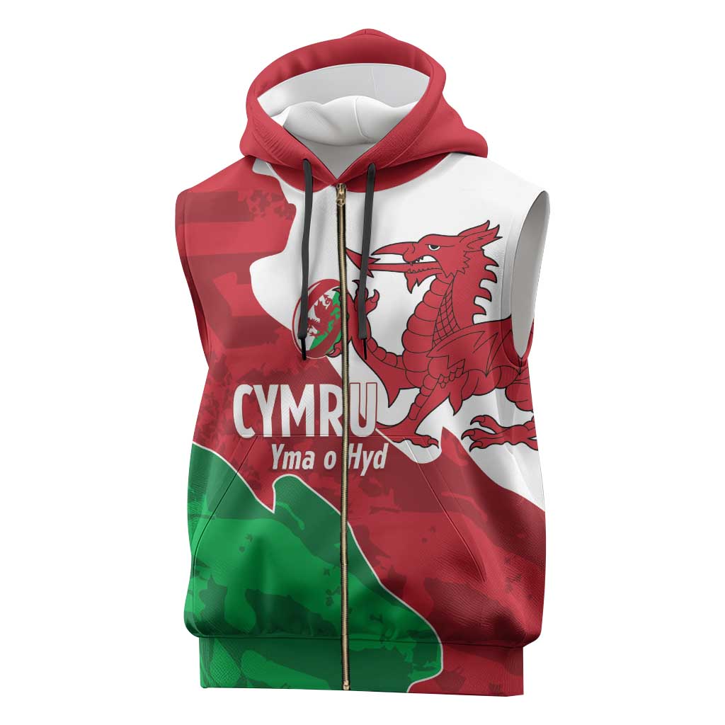Wales Rugby Custom Sleeveless Zip Hoodie Go Cymru Yma O Hyd - Wonder Print Shop